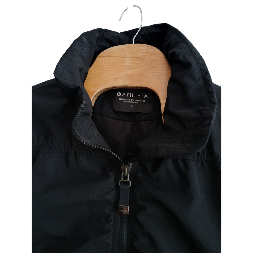 Athleta Point Reyes Black Hooded Bomber Jacket Large Ruched Back Zip Off Hood